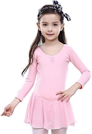 Girls Ballet Dress , KKia Kids V Neck Gymnastics Long-sleeved Ballet Leotard Pink Skirt Princess Tutu Dance Outfit Cotton ,7-8 Years