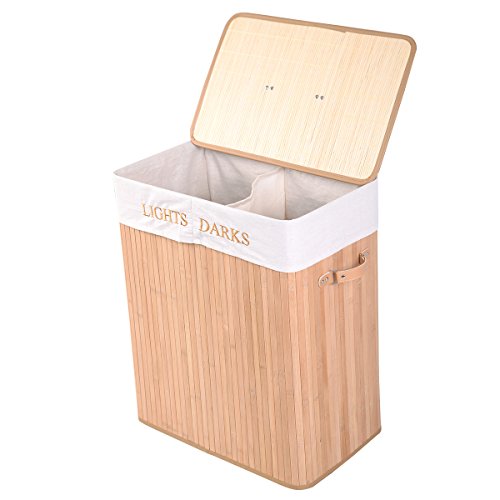 Wäschekorb Wäschekörbe Wäschebox Wäschetruhe Wäschesammler Bambus mit Leinen Kleidersack Wäschetone Wäschewagen 100L (Natur) - 4