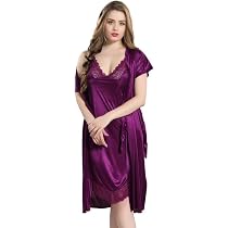 Buy Romaisa Women's Solid Maxi Satin Nighty with Robe, Black Free