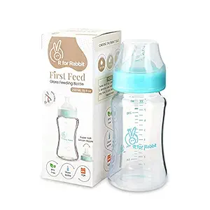 R for Rabbit First Feed Glass Baby Feeding Nipple Milk Bottle with Anti Colic for New Born Babies, Kids| 6 Months and up|250 ML| Sea Green