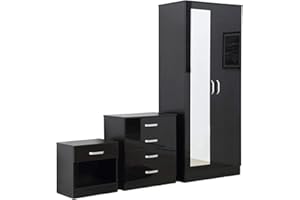 PALAKLOT High Gloss Bedroom Furniture Set – 3-Piece Set with Wardrobe, 4-Drawer Chest, and Bedside Cabinet – Stylish Storage Solution for Modern Bedrooms – Soft Close Doors (Black)