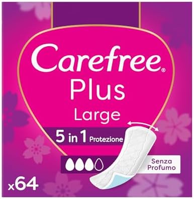 Carefree Salvaslip Plus Large Senza Profumo, Salva slip donna extra ampio con protezione 5in1 per 8h di sensazione di asciutto, Assorbenti senza profumo ultra sottili per uso quotidiano, 64 salvaslip