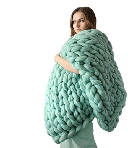 Handmade Giant Chunky Wool Knit Throw Sofa Blanket Hand-woven Bulky Blanket Home Decor Gift 130*170CM (Aqua blue, 80*100)