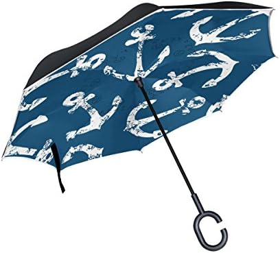 Reverse Umbrellas White Anchors Pattern Blue with C-Shaped Handle Anti-UV Windproof Folding for Car