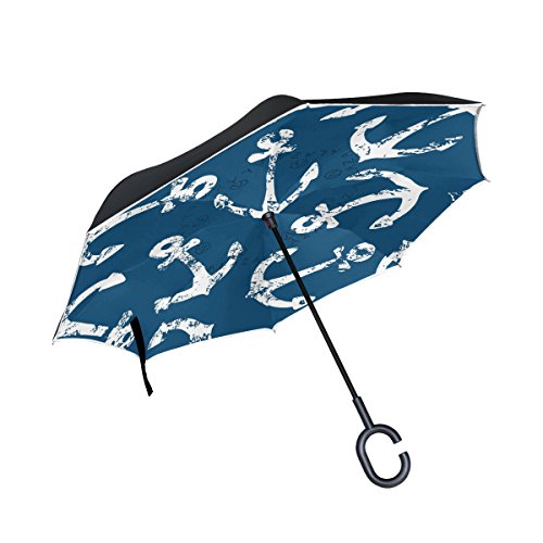Reverse Umbrellas White Anchors Pattern Blue with C-Shaped Handle Anti-UV Windproof Folding for Car