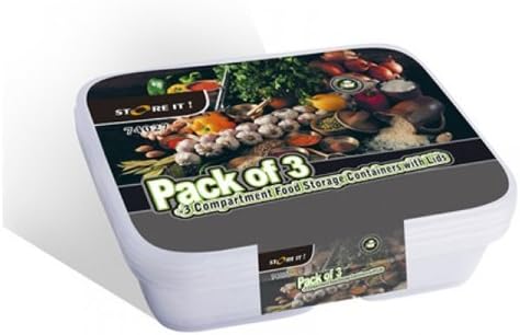Pack of 3 of 3-Compartment Food Storage Containers with Lids x 2 Packs (6 Pieces)