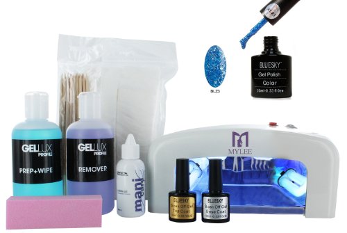 Bluesky Kit With Diamond Glitter Sea Blue Uv Led Nail Gel Polish