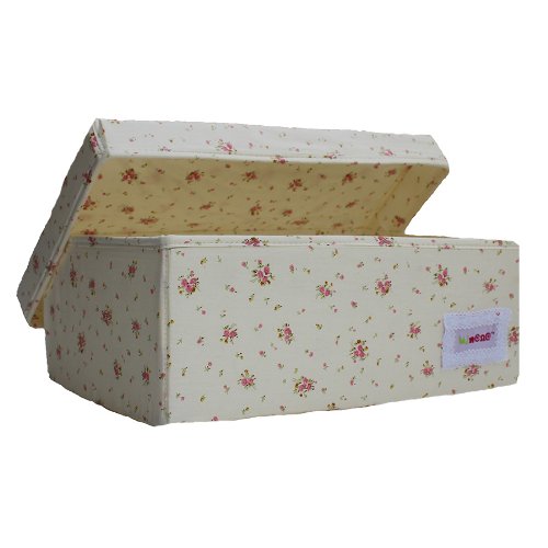 Minene Small Foldable Fabric Storage Box L32xW21xH12cmLinen Cosmetic Stationery Organiser with Flowers(Cream)