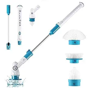 Milford Plastic Electric Cordless Bathroom Shower Spin Scrubber Tiles Cleaner Tool Machine with 3 Replaceable Floor Cleaning Brushes and Long Extension Handle (Plastic)