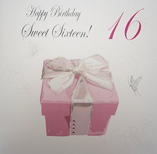 White Cotton Cards  Tarjeta de felicitación para 16.º cumpleaños Hecha a Mano con el Texto «Happy Birthday Teenager Sweet Sixteen!» y Paquete de Regalo Rosa