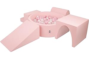 KiddyMoon Foam Playground For Kids With Round Ballpit (200 Balls ∅ 7Cm/2.75In) Soft Obstacles Course And Ball Pool, Made In EU, Pink:Powder Pink/Pearl/Transparent