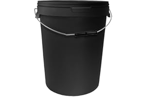 UK GROW 25L BLACK Heavy Duty Round bucket with Lid and Evidence Seal 5l 10l 20l 25l 30l 35l Metal Plastic Handle Hydroponic Storage Food Grade Sustainably sourced (25ltr, Black)