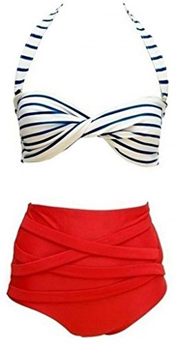 Tailloday Retro Vintage High Waisted 2 Pieces Bikini Swimwear Swimsuits X-Large BlueStripe