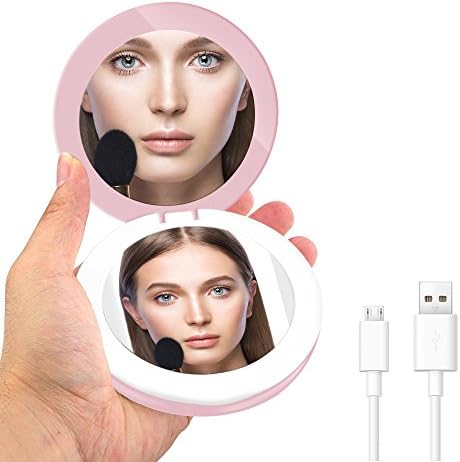 Compact Mirror - Travel Mirror 1X/3X Magnifying Mirror Small Lighted Makeup Mirror with portable charger for Women Men Cosmetic Make Up Hand Held Illuminated Pocket Folding Mirrors YALUYA (Pink Round)