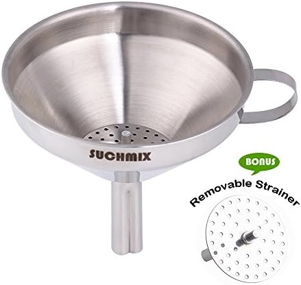 SUCHMIX Metal Funnel for Cooking Oils, 5-Inch Stainless Steel Kitchen Funnel with Detachable Strainer Filter for Transferring of Liquid, Fluid, Dry Ingredients and Powder - Silver