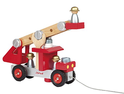 Preisvergleich Produktbild Janod Holzspielzeug - Werkzeugwagen Feuerwehr Nachziehbar Redmaster 27 Teile Zubehör Magnetisch, Mehrfarbig