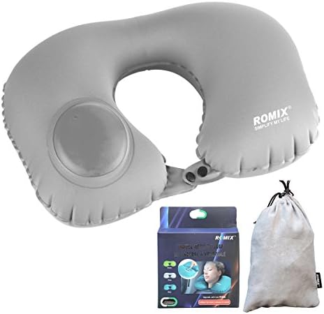 Inflatable Neck Pillow Support - Soft Travel Pillow U Shaped Airplane Pillows Cushion for Sleeping on Plane Car Bus - Traveling Pillow with Compact Drawstring Bag (Grey)