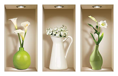 DIY Pegatinas Etiquetas para Pared Desmontables de Vinilo 3D Arte Mágico de Nisha, Conjunto de 3, Floreros verdes y blancos