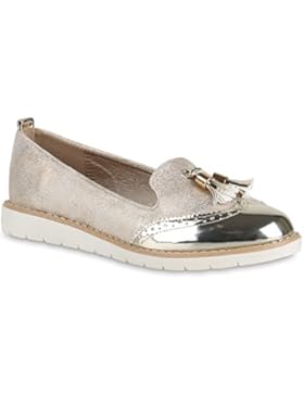 Damen Slipper Lack | Plateau Loafers | Metallic Schuhe Profilsohle | Loafer Flats Glitzer | Slippers Quasten Lochung...