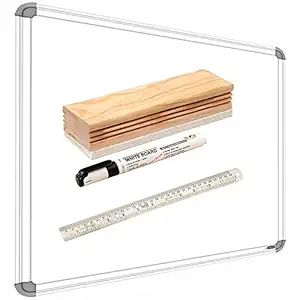 YAJNAS Non Magnetic Feet Double Sided White Board and Chalk Board one Side White Marker and Reverse Side Chalk Board Surface, Wooden Duster, Marker & 30 cm Scale (Combo Pack of 4 Items)