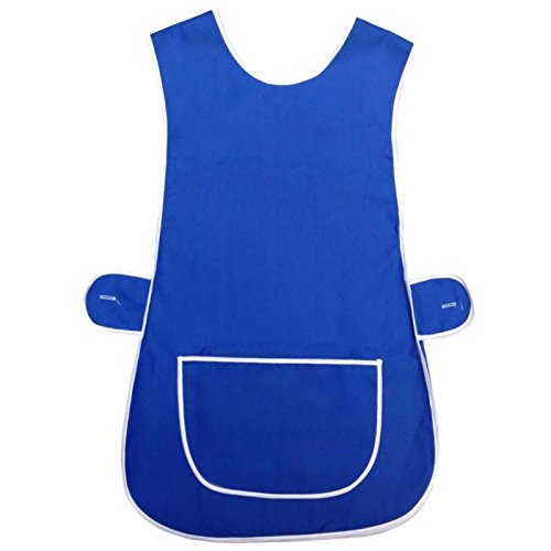 Tabardo MyShoeStore® para mujer para cocinar en casa, limpiar, chef, servicio de comidas, delantal de trabajo de polialgodón con borde blanco, bolsillo grande y botones en los lados para cierre, talla supergrande, azul real, XXX-Large