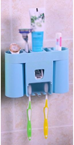 KRY Automatic Toothbrush Holder Set Dust-proof Family Tooth Cup Toothpaste Squeezer Kit With Wall Suction Dental Supplies Bathroom Accessory (Blue)