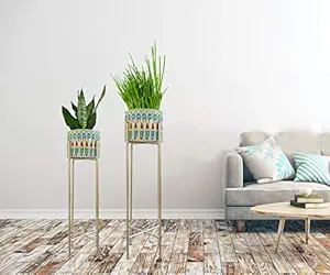Ezzu Crafts Set of 2 Painted Pot with Gold Stand-Indoor Outdoor Planter Stand for Garden Lawn Farm House Modern Plant Stand