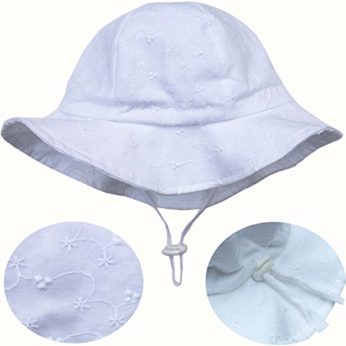Toddler Girls White Cotton Sun Hats 50 UPF, Drawstring Adjustable, Stay-On Tie (M: 6-30m, Floppy Hat: Tiny Floret)