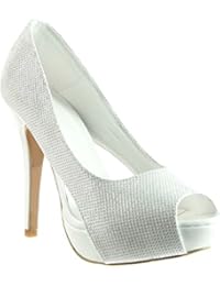 Angkorly - Zapatillas de Moda Tacón escarpín Peep-Toe stiletto la noche mujer brillantes Talón Tacón de aguja alto 12.5 CM