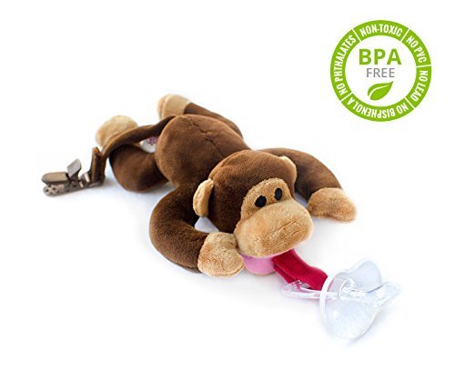 BabyHuggle Monkey Pacifier - Stuffed Animal Binky, Soft Plush Toy with Detachable Silicone Baby Dummy, Paci Clip Leash, Squeaky Sound. Teether Holder. Safe & Soothing Baby Shower Gift for Boys & Girls