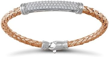 Sterling Silver Rose Woven Bracelet Cubic Zirconia Block