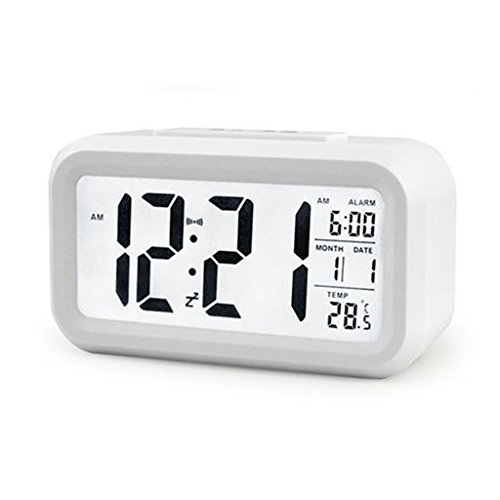 Lunji Réveil LED - Activé par la lumière du Capteur Rétro-éclairage Date Affichage de la Température - Horloge Digitale 13.5x4.5x7.5cm (Blanc)