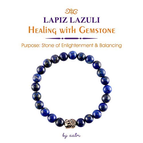 Aatm Reiki d'Agir pour cadeau Pierre précieuse naturelle 7-8 mm ronde Perles Lapiz Lazuli Pierre précieuse Chakra Bracelet extensible mixte pour la guérison (équilibrage de pierre des lumières,, Energ