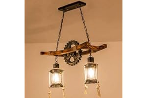AHQX Lustres Rétro Vintage Pendentif Lampe Suspendue Lumière Lampisterie Suspension Bar Industriel Bois Lampe Pendentif En Fer Forgé Metal Gear E27 Hauteur Réglable Salon Salle À Manger Lustre Cuisine Café