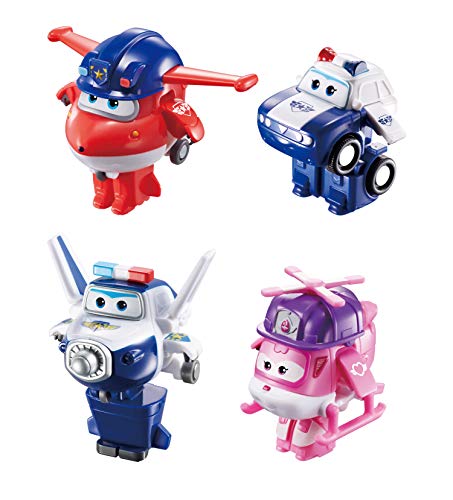 Super Wings - EU720040F - Pack de 4 Figurines Transform-a-Bot, 5 cm, Transformation - Jett Police/Paul/Kim/Dizzy Rescue