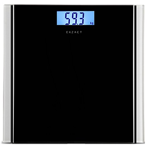 EXZACT – Personenwaage/ Elektronische Körperwaage / Digitale Badezimmerwaage - Große Kapazität 180kg / 400lb / 28st - Hohe Präzision, Schritt-auf, Hintergrundbeleuchtung LCD-Anzeige - Schlank - Farbige Glasplattform (Schwarz)