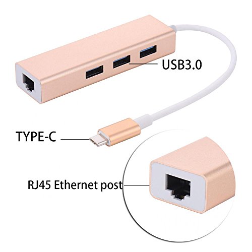 MagiDeal USB Typ C 3.1 zu RJ45 USB 3.0 HUB Adapter mit 3 Buchse Adapter für PC – Gold - 3