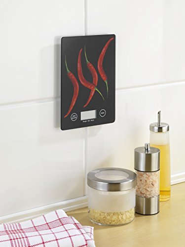 WENKO 25223100 Küchenwaage Slim Peperoni – elektronische Digitalwaage mit Sensor-Tastatur und Tara-Funktion, Gehärtetes Glas, 14 x 1.2 x 19.5 cm, Multicolor - 4