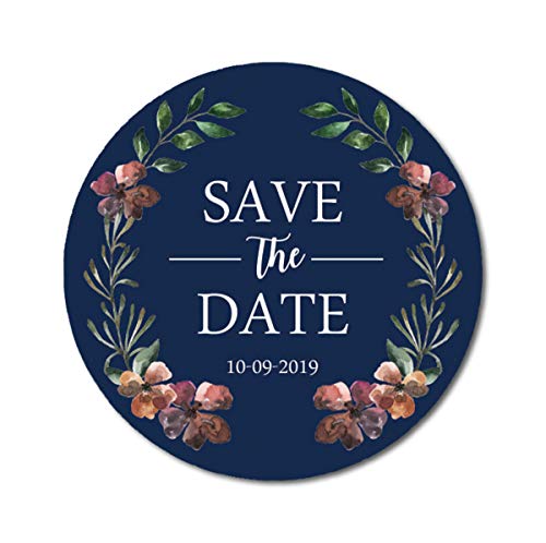 Darling Souvenir Round 45 Pcs Floral Wreath Save The Date Stickers Wedding Personalized Bride Groom Names and Date Envelope Seals - Navy Blue