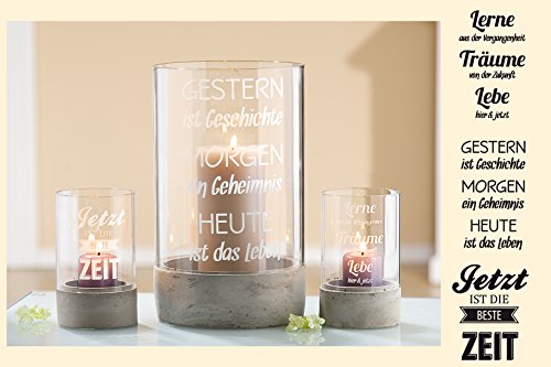 1 x Windlicht Weisheit Leben rund grau/weiss gewischt Ø 8 cm, Jetzt ist die beste Zeit, Lerne Vergangenheit, Gestern Geschichte (Gestern ist Geschichte (mitte))