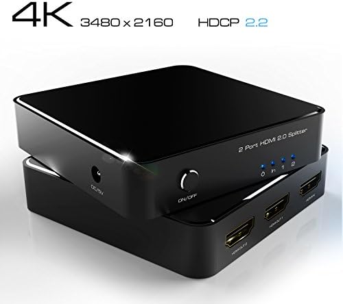 4K HDMI Splitter 2 Way, Aluminum HDMI Splitter 1 in 2 Out 4Kx2K@60Hz Active Amplifier Support Full 3D HD 1080P/2160P HDCP2.2 1x2 HDMI Switch Converter Adapter for Mac HDTV Blue-Ray Play DVD DVR Xbox PS3 PS4