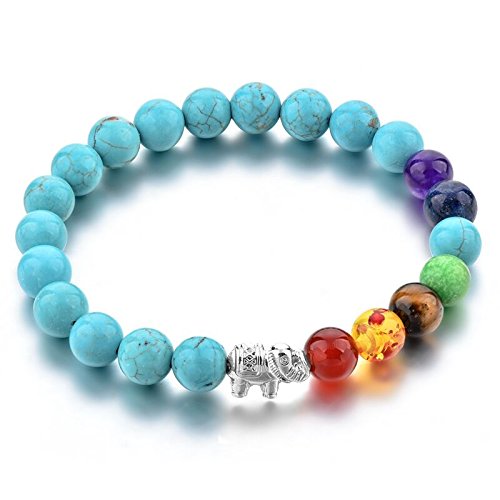 Hot And Bold Turquoise Good Luck Elephant Natural Stones and 7 Chakra Buddha Beads Bracelet for Unisex