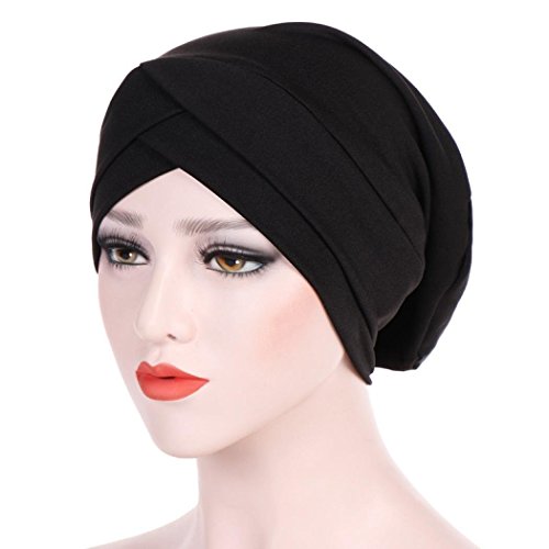Women Muslim Knit Beanie Cap, Ladies Ruffle Cancer Chemo Hat Beanie Scarf Turban Head Wrap Cap (Black)