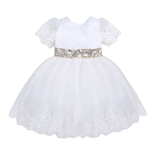 Tiaobug Baby Mädchen Kleid mit Blumen Spitzen und Pailetten Gürtel Schleife Festliche Kleider zur Taufe Hochzeit Geburtstag Festzug Babybekleidung Outfits Weiß 68-74/6-9 Monate - 4