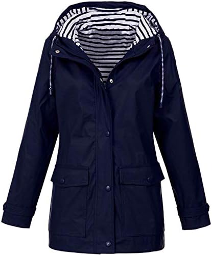 MIRRAY Womens Coats Ladies Autumn Winter Solid Rain Jackets Outdoor Plus Size Waterproof Outerwear Woman Zip Hooded Raincoat Windproof Slim Outwear Striped Overcoat Sports Tops UK 8-22