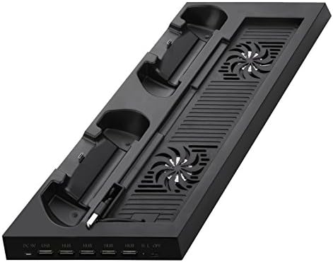 PS4 Stand, SuperStore_Electronics PS4 Vertical Stand Cooling Fan Dual Charging Station for Playstation 4 DualShock 4 Controllers with 4 USB 2.0 HUB Ports, 1 USB Charging Port and 1 DC 5V Port