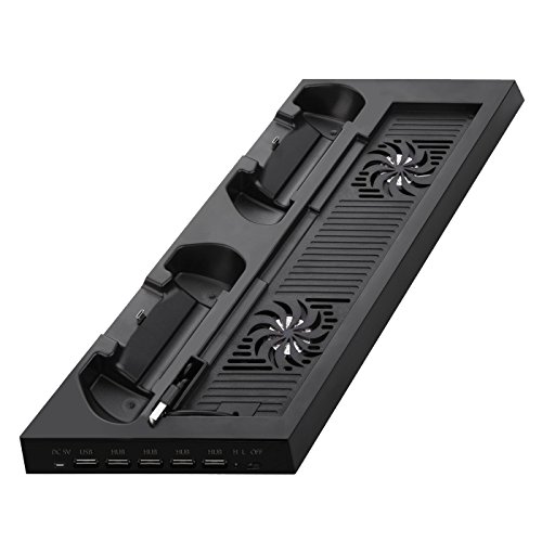 PS4 Stand, SuperStore_Electronics PS4 Vertical Stand Cooling Fan Dual Charging Station for Playstation 4 DualShock 4 Controllers with 4 USB 2.0 HUB Ports, 1 USB Charging Port and 1 DC 5V Port