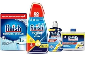 Finish Kit Lavastoviglie; Finish Powergel Detersivo Lavastoviglie Lemon 30 Lavaggi, Brillantante Limone 250ml, Curalavastoviglie Limone 250ml, Cristalli di Sale 1kg