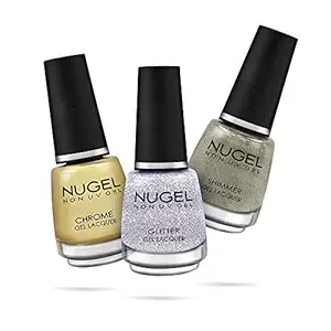 NUGEL Non UV Gel NAIL POLISH, 13ml, FESTIVAL COLLECTION Lacquer Combo of 3 NAIL POLISH - Gold Medal CS - C09, Diamond Silver - S01, Blue Crystal ? G03 for Nail Art - N17