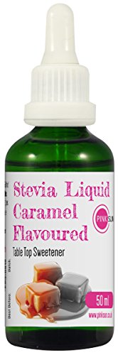 PINK SUN Estevia Liquida Gotas 50ml Sabor de Caramelo (o Vainilla, Fresa, Coco, Puro Sin Sabor) Edulcorante Reemplazo de Azúcar en Botella de Vidrio Sin Alcohol Sin Gluten Caramel Stevia Liquid Drops